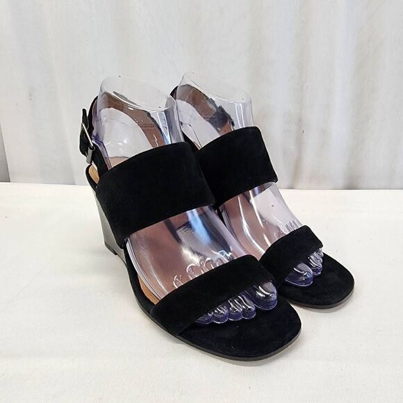 Halogen Aster Wedge Slingback Black Leather Sandals Women’s Size 6.5 - Picture 1 of 10